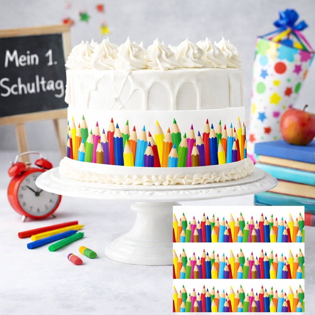 Tortenband mit buntem Stifte-Motiv für Einschulung als dekoratives Band für Torten