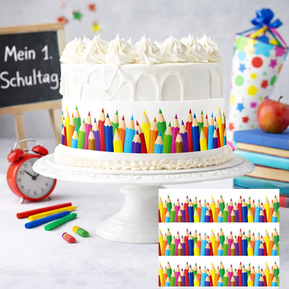 Tortenband mit buntem Stifte-Motiv für Einschulung als dekoratives Band für Torten