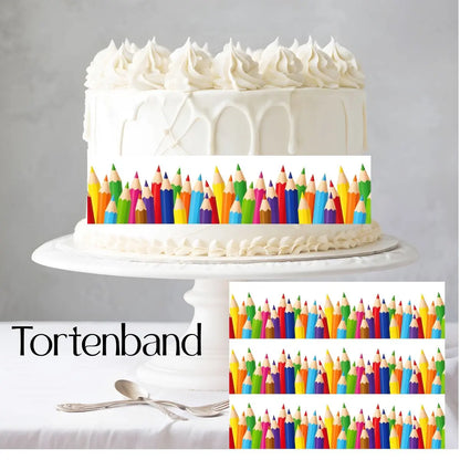 Detailansicht Tortenband mit bunten Stiften als Einschulungsdekoration für Kuchen und Torten