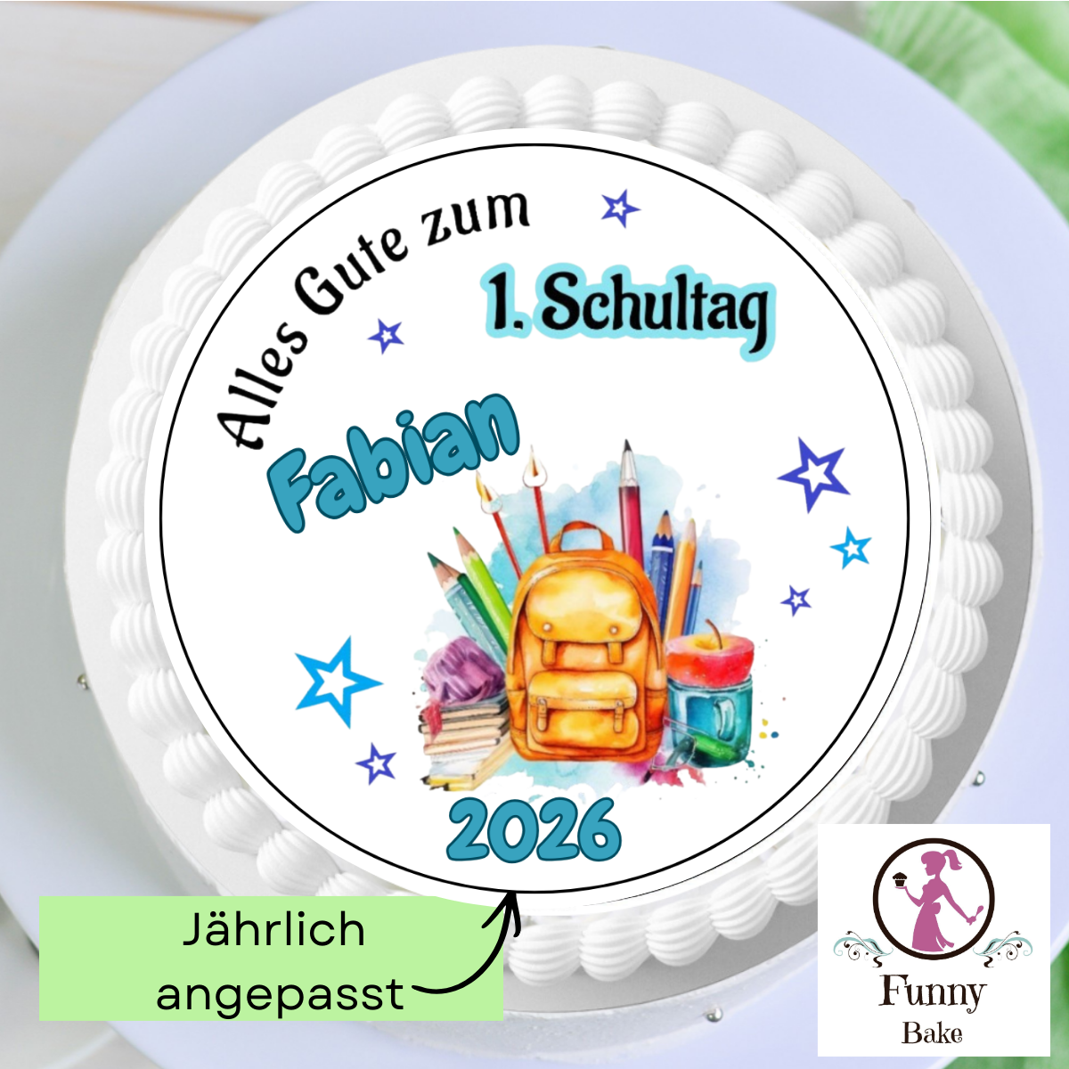 Tortendeko Einschulung in Blau mit personalisiertem Tortenaufleger für Jungen und Schulanfang