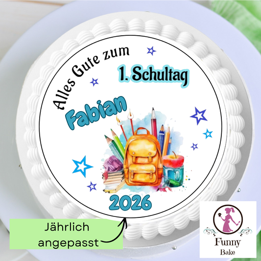 Tortendeko Einschulung in Blau mit personalisiertem Tortenaufleger für Jungen und Schulanfang