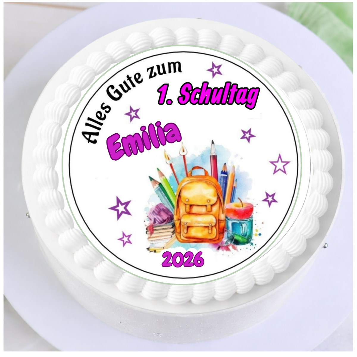 Tortendeko Einschulung in Pink mit personalisiertem Tortenaufleger für 1. Schultag und Mädchen