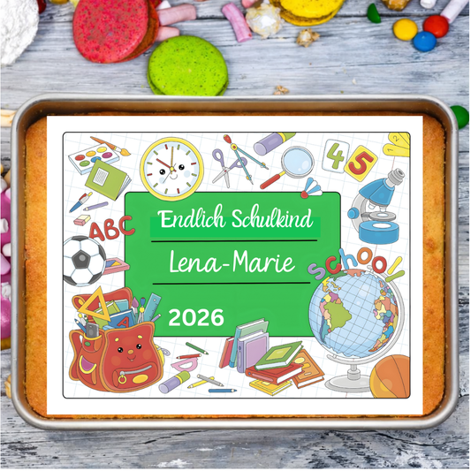 Bunte Tortendeko zur Einschulung mit Schultafel-Aufleger „Endlich Schulkind“