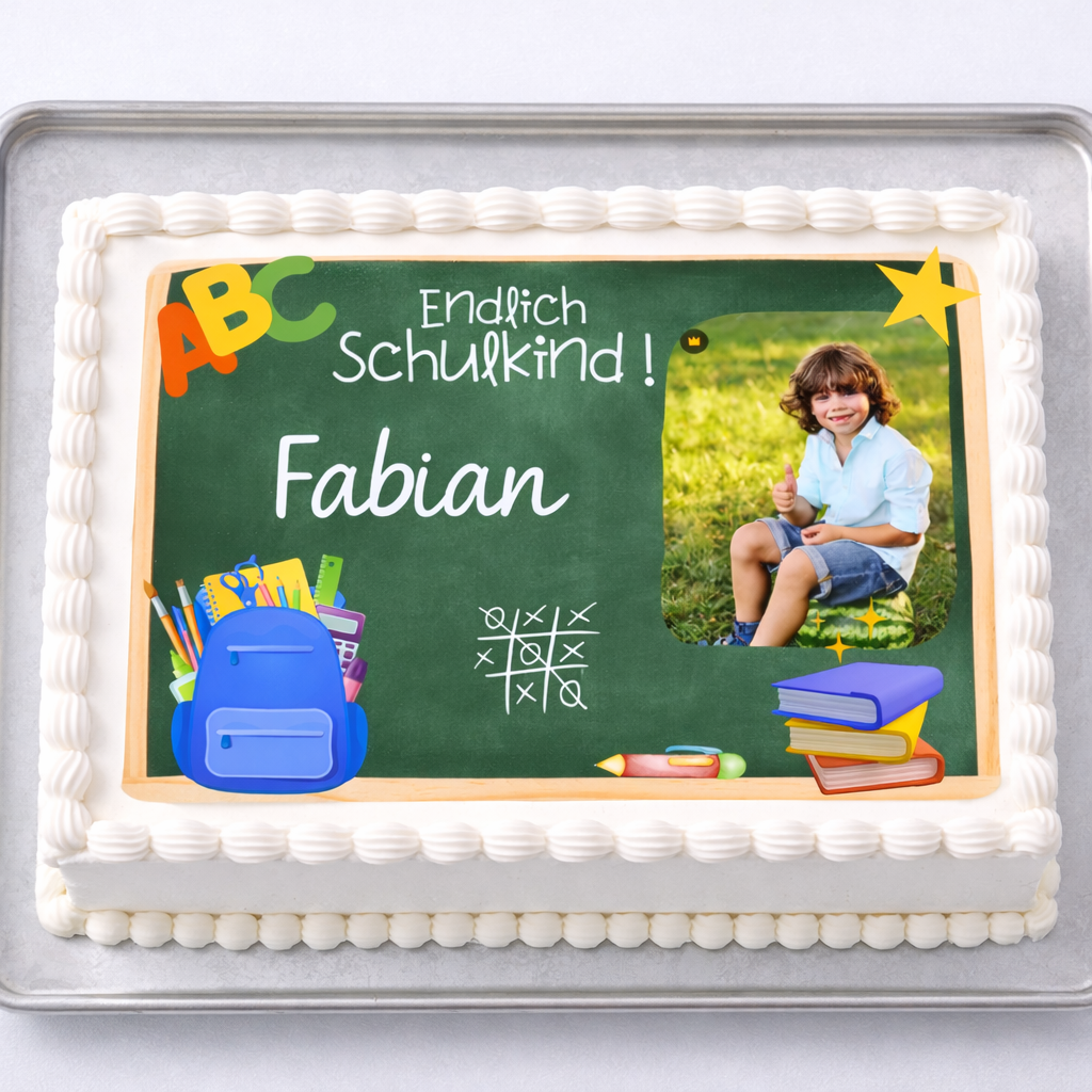Personalisierte Tortendeko zur Einschulung mit Schultafel-Aufleger, Bild und Name