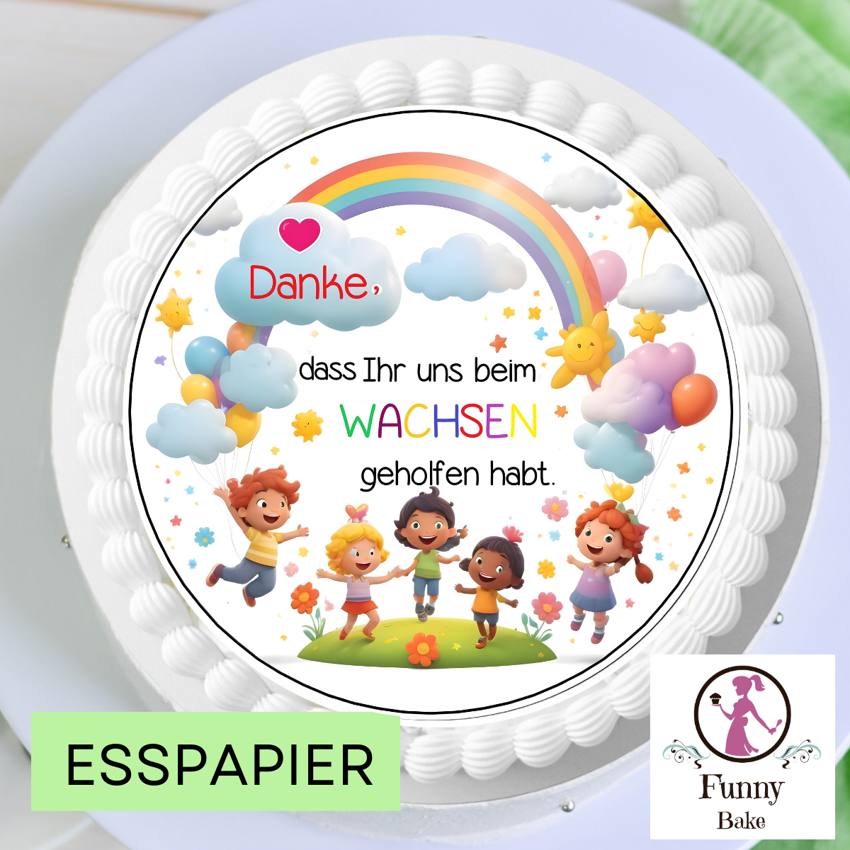 Tortendeko Kindergarten Verabschiedung mit Danke-Aufleger aus Esspapier oder Zuckerpapier