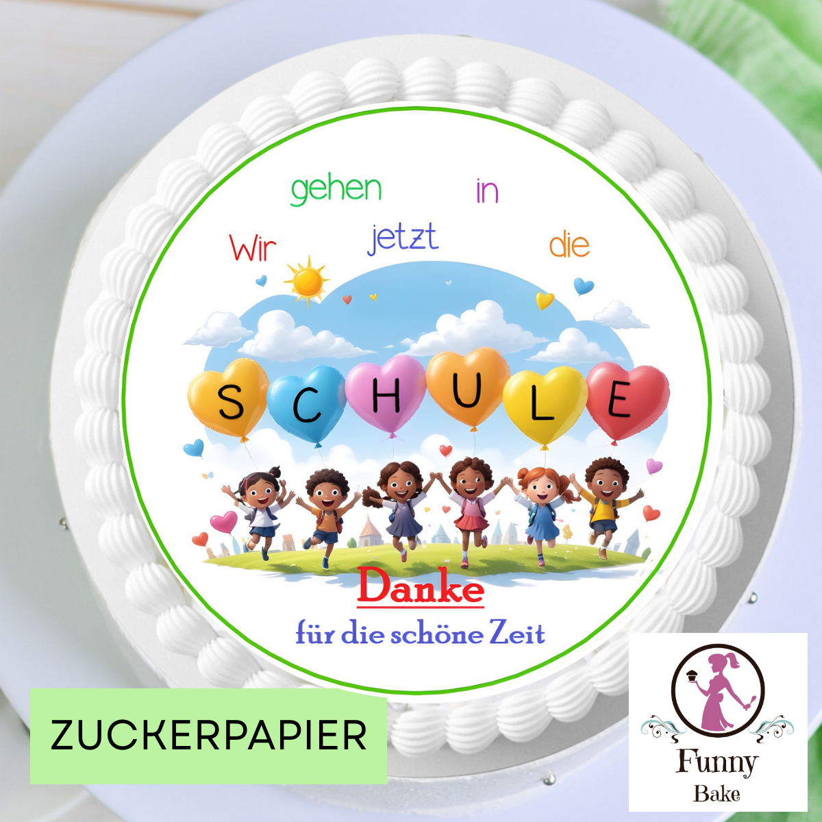 Tortendeko Kindergartenabschied mit Danke-Tortenaufleger aus Esspapier oder Zuckerpapier