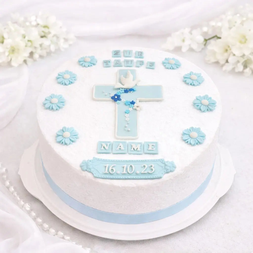 Komplettset Taufdekoration aus Fondant mit einem Vornamen – Blumenkreuz, Datum & Blumen Funny Bake