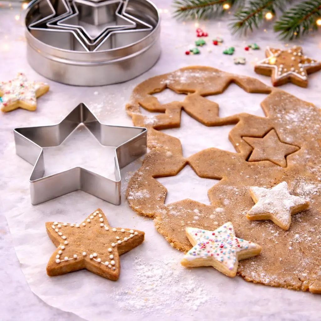 Metall-Sternausstecher im Einsatz bei der Weihnachtsbäckerei mit ausgerolltem Teig, ausgestochenem Stern und dekoriertem Weihnachtskeks