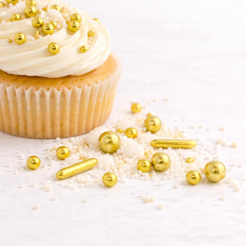 Minimalistischer Vanillemuffin mit weißem Frosting und gold-weißen Zuckerstreuseln auf hellem Hintergrund