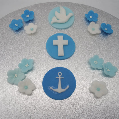 Zuckerdeko essbar tortendeko Kommunion Taufe Junge blau anker Taube Kreuz