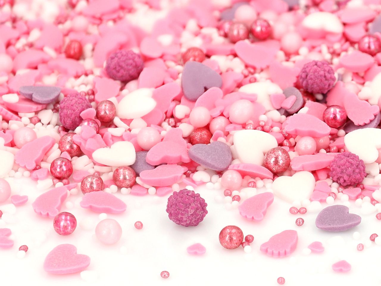 Zuckerperlen-Zuckerstreusel-pink-rosa-weiß-herz-Füße-Baby-Sprinkle-essbar-Tortendeko