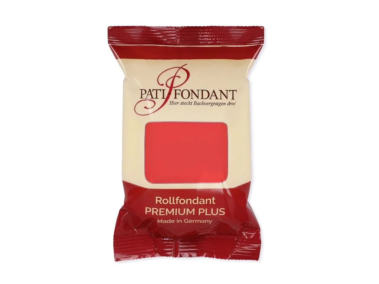 Roter Rollfondant von Pati Fondant Premium Plus, 250 g, Made in Germany, Verpackung mit Sichtfenster.